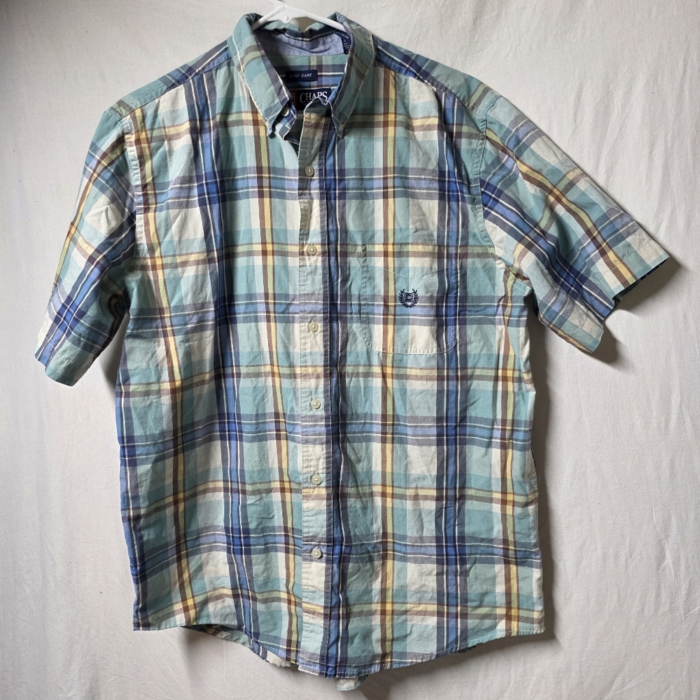 MENS CHAPS MULTICOLOR PLAID BUTTON DOWN SHORT SLEEVE SHIRT SIZE L